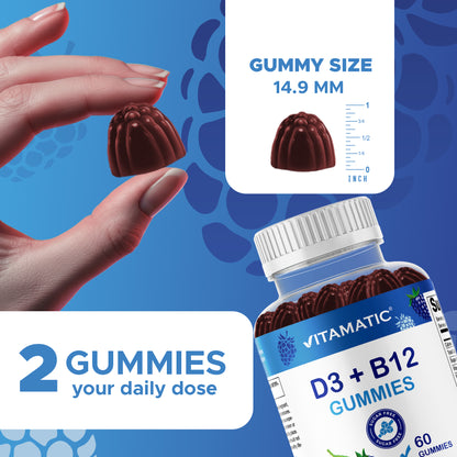 Vitamatic Vitamin D3 + B12 Gummies Made with Folate & Vitamin B6 - Natural Blue Raspberry Flavor – 60 Gummies