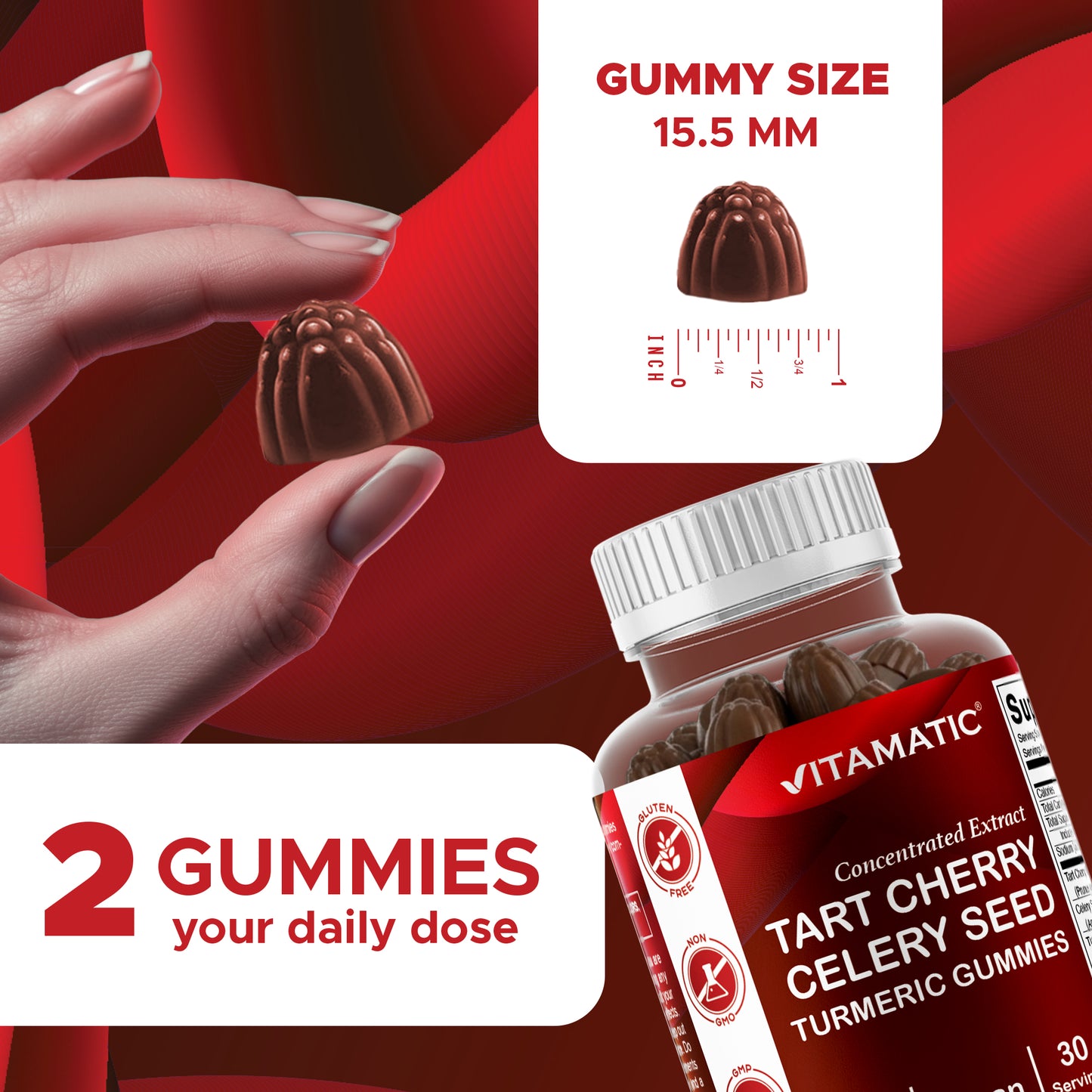 Vitamatic Tart Cherry (360 mg) with Celery Seed (30 mg) 10:1 Extract & Turmeric 20:1 Extract (10 mg) - (Per Serving/2 Gummies) - 60 Gummies