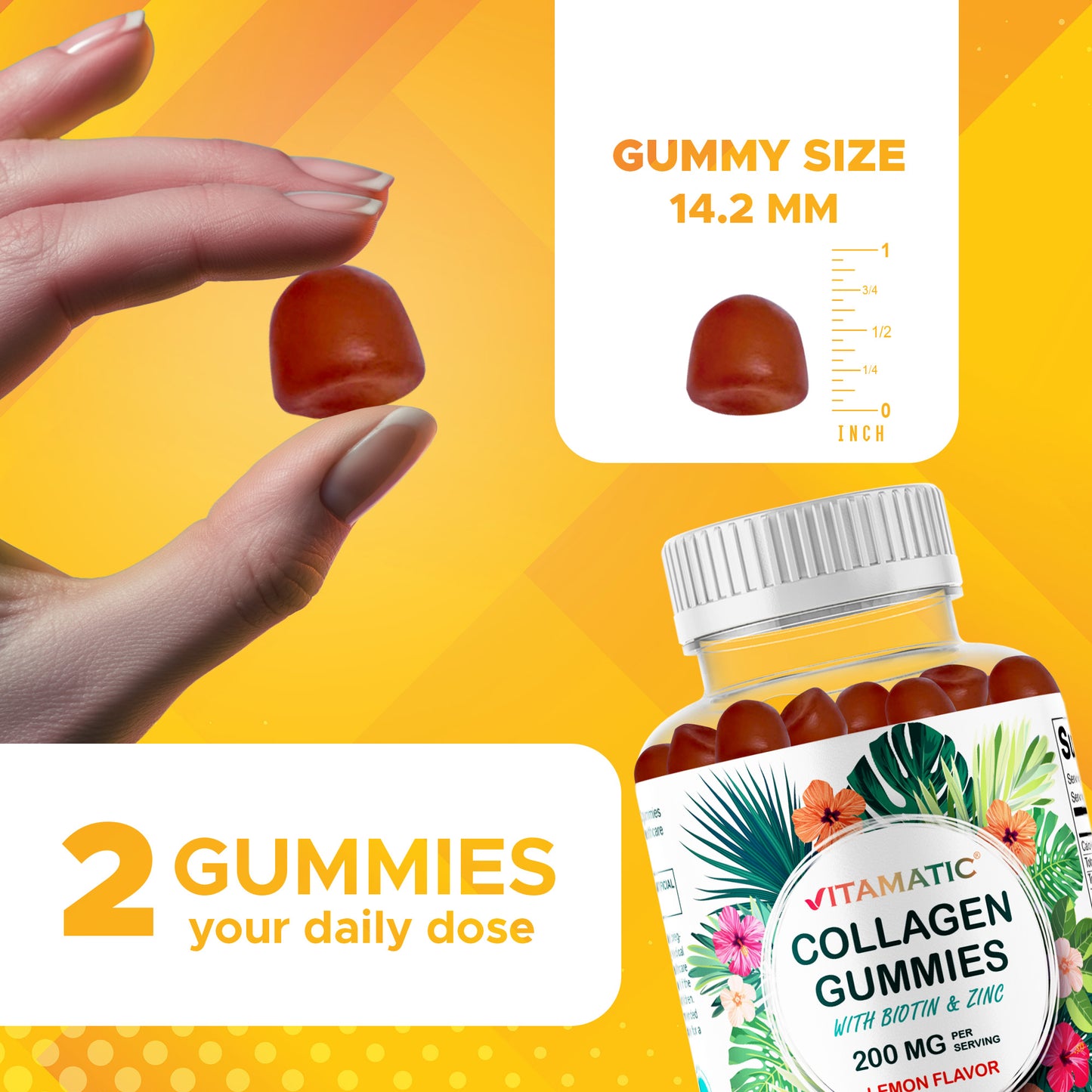 Hydrolyzed Collagen Gummies with Vitamin C, Zinc and Biotin, 200mg - 60 Gummies