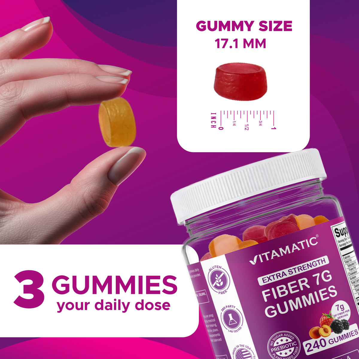 Vitamatic Prebiotic 7G Per Serving Fiber Gummies for Adults, 240 Count