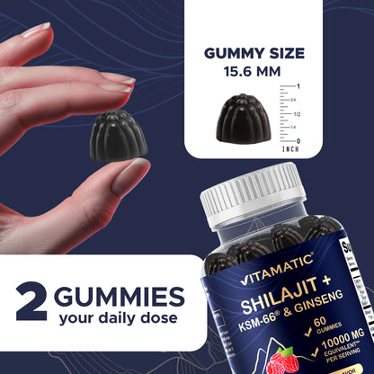 Shilajit with KSM-66® Ashwagandha & Ginseng 10,000 mg Equivalent Per Serving – Natural Raspberry Flavor – 60 Vegan Gummies