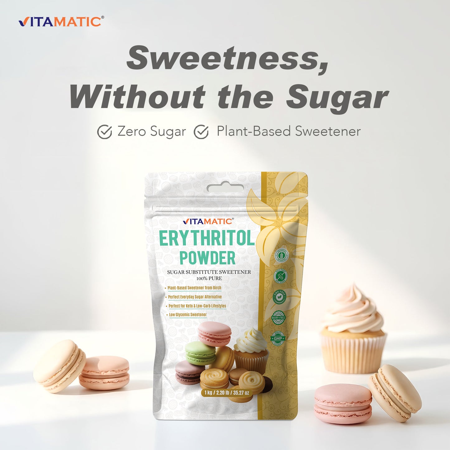 Erythritol Powder 1 kg (2.2 lb) - 100% Pure Sugar Substitute Sweetener – Non-GMO, Gluten Free
