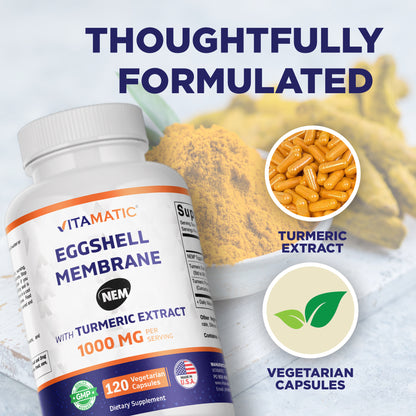 Eggshell Membrane (NEM) with Turmeric Extract | 1000 mg Per Serving | 120 Vegetarian Capsules | Non-GMO | Made in USA