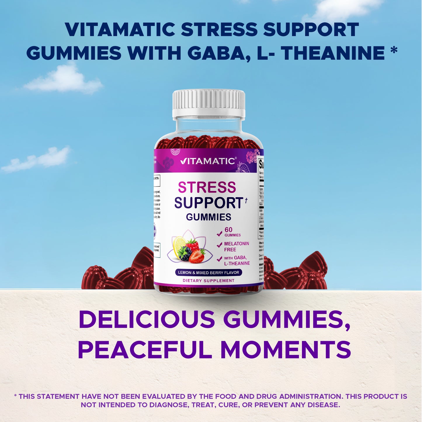 Vitamatic Stress Relief Gummies with GABA, L-Theanine, Lemon Balm – Lemon & Mixed Berry Flavor – 60 Gummies