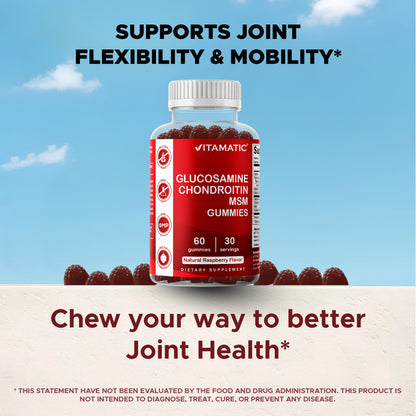 Vitamatic Glucosamine Chondroitin MSM Gummies formulated to support joint flexibility and mobility with natural raspberry flavor gummies.