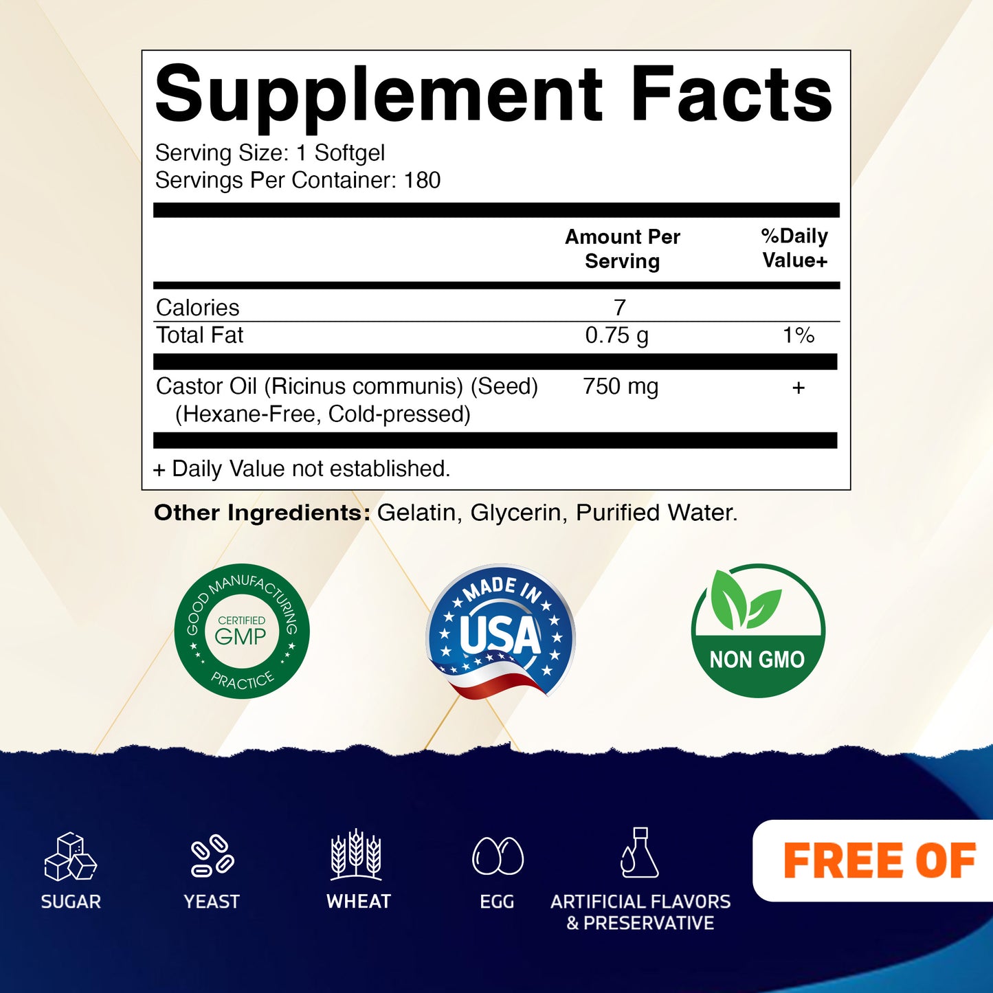 Vitamatic Castor Oil Softgels 750 mg | Cold Pressed | 180 Softgels | Easy-to-Swallow