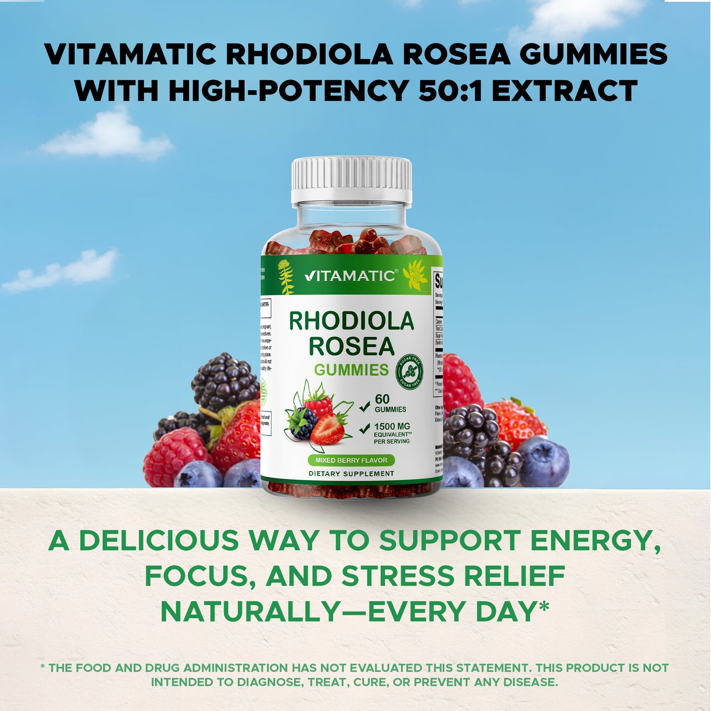 Sugar Free Rhodiola Rosea Gummies 1500 mg Equivalent Per Serving – 60 Gummies – Mixed Berry Flavor
