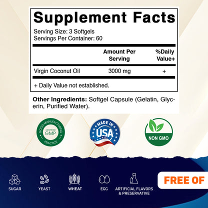 Virgin Coconut Oil 3000 mg Per Serving | 180 Softgels