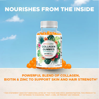 Hydrolyzed Collagen Gummies with Vitamin C, Zinc and Biotin, 200mg - 60 Gummies