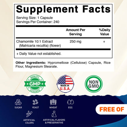 Vitamatic Chamomile 250 mg 10:1 Extract - 240 Veg Capsules - Non-GMO & Gluten Free