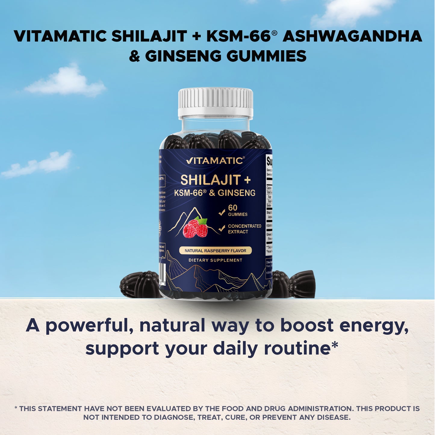 Shilajit with KSM-66® Ashwagandha & Ginseng 10,000 mg Equivalent Per Serving – Natural Raspberry Flavor – 60 Vegan Gummies