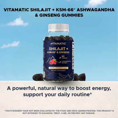 Shilajit with KSM-66® Ashwagandha & Ginseng 10,000 mg Equivalent Per Serving – Natural Raspberry Flavor – 60 Vegan Gummies