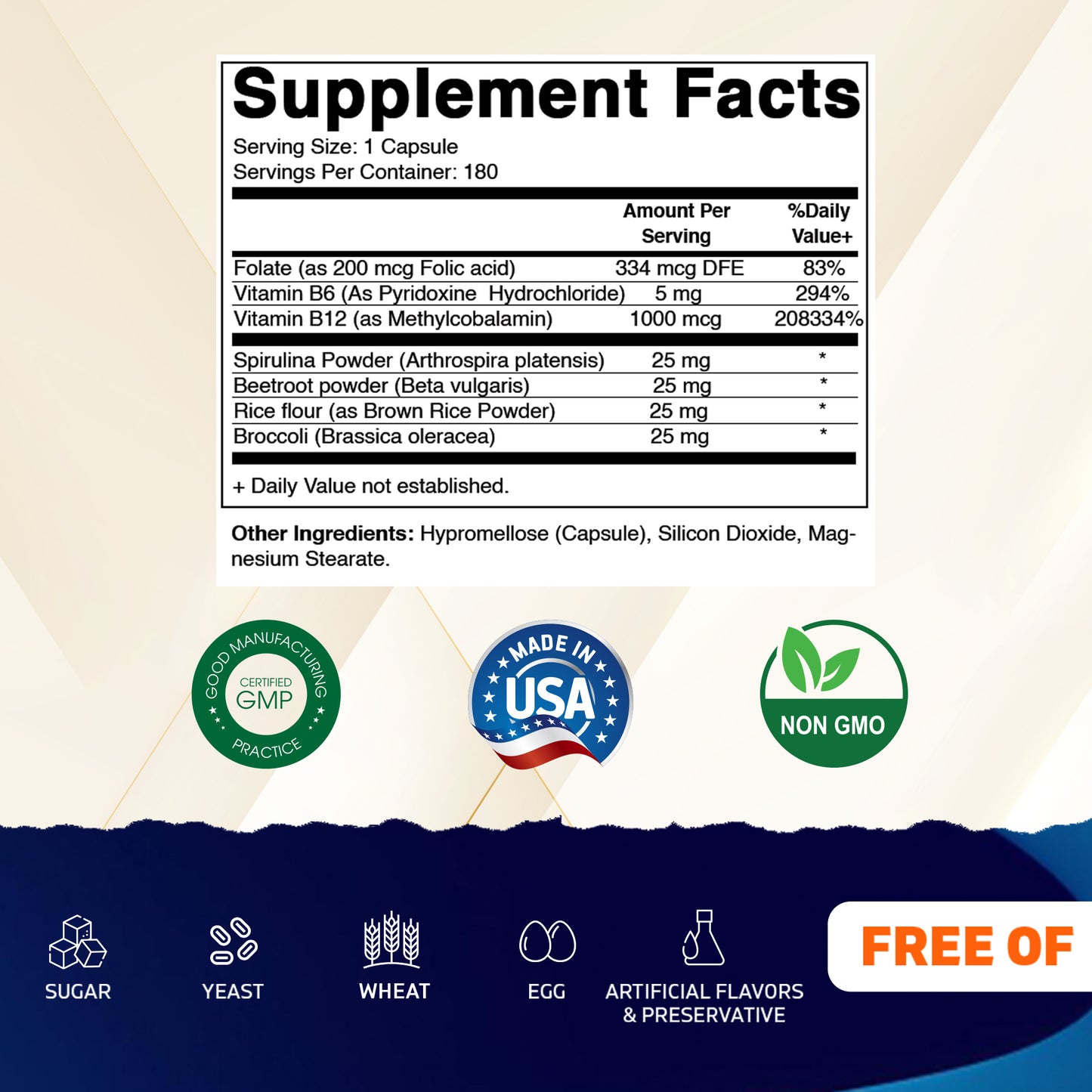 Vitamatic Vegan B12 1000 mcg - Methyl B12 with Folic Acid, Vitamin B6, Spirulina, Beet Root, Broccoli & Brown Rice - 180 Capsules