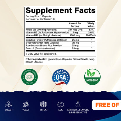 Vitamatic Vegan B12 1000 mcg - Methyl B12 with Folic Acid, Vitamin B6, Spirulina, Beet Root, Broccoli & Brown Rice - 180 Capsules