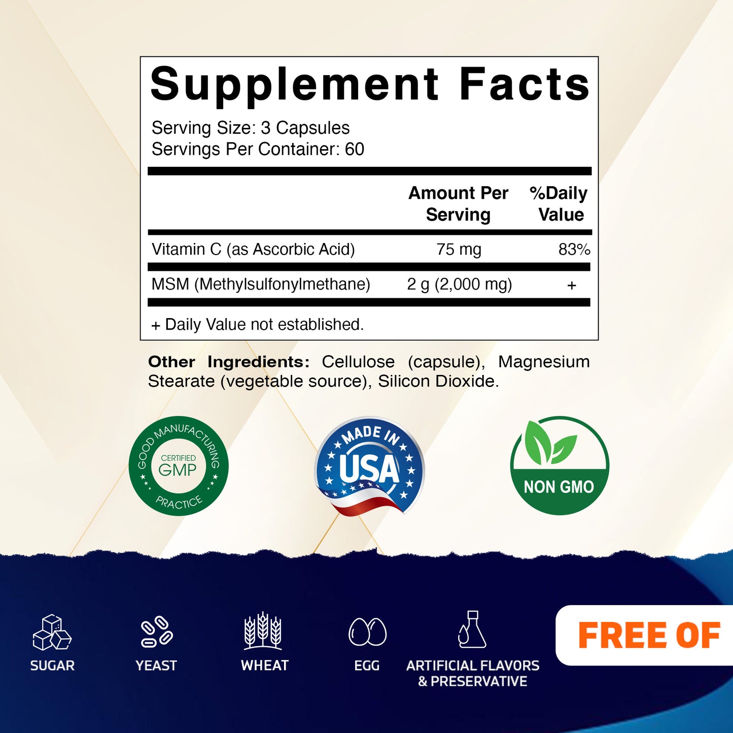 MSM 2000 mg with Vitamin C 75mg - 180 Veg Capsules