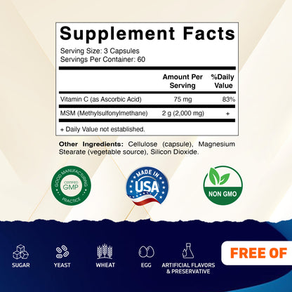 MSM 2000 mg with Vitamin C 75mg - 180 Veg Capsules