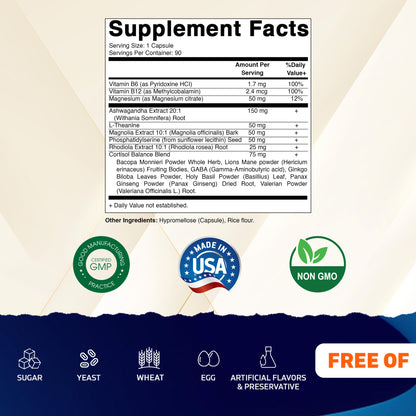Cortisol Health Support - 90 Veggie Capsules- Made with Adaptogenic Blend with Ashwagandha, Rhodiola, Magnolia, L-Theanine, Phosphatidylserine
