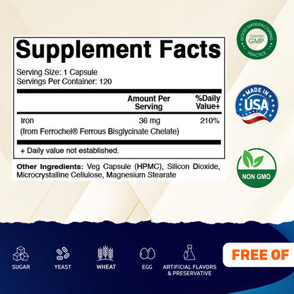 Chelated Iron 36 mg (from Ferrochel® Ferrous Bisglycinate Chelate) – 120 Veg Capsules