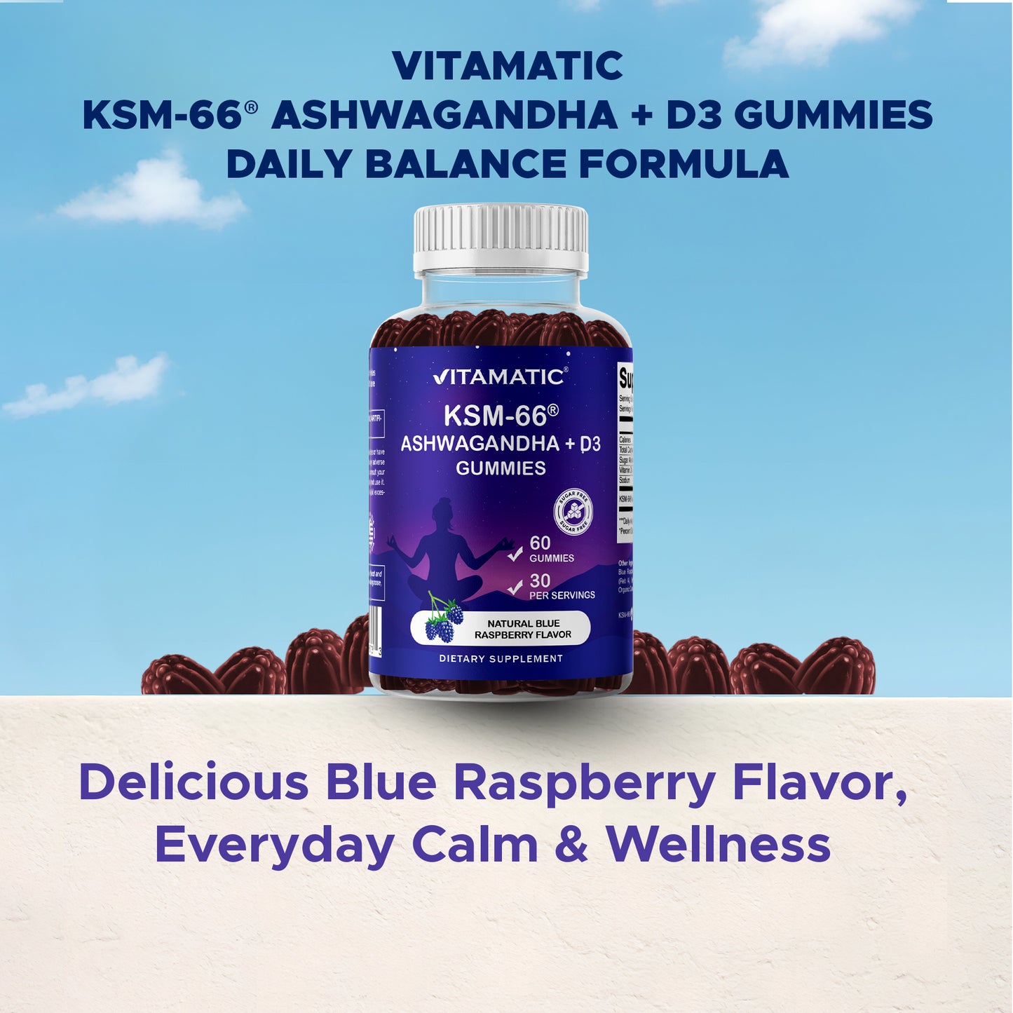 Vitamatic KSM-66® Ashwagandha + D3 Gummies – Natural Blue Raspberry Flavor – 60 Gummies