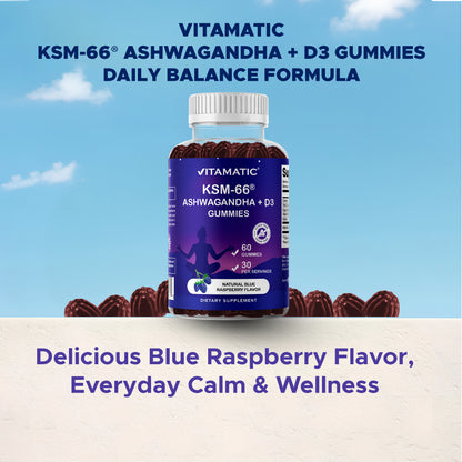 Vitamatic KSM-66® Ashwagandha + D3 Gummies – Natural Blue Raspberry Flavor – 60 Gummies