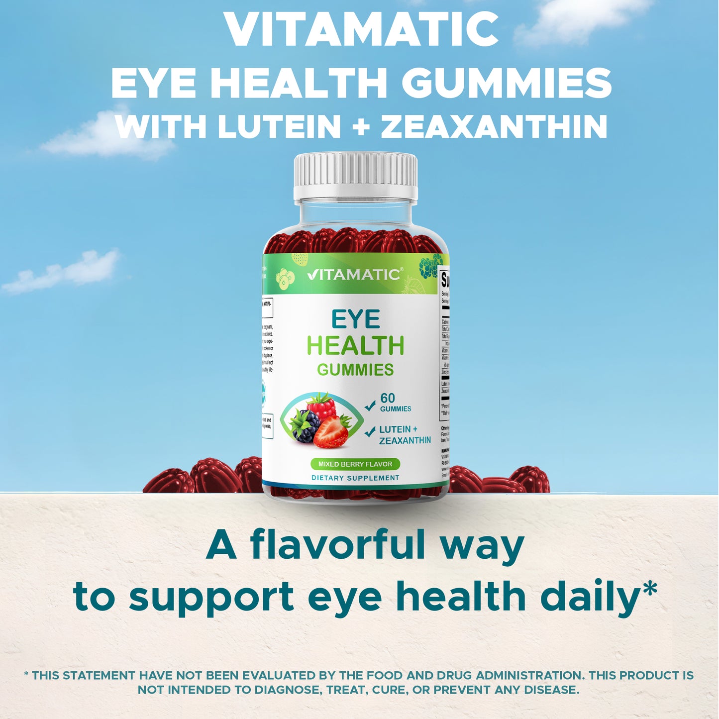 Vitamatic Eye Health Gummies with Lutein, Zeaxanthin, Vitamin C, E & Zinc – Mixed Berry Flavor – 60 Gummies