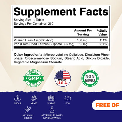 Ferrous Sulphate 325mg  Vitamin C 100mg - 250 Coated Tablets