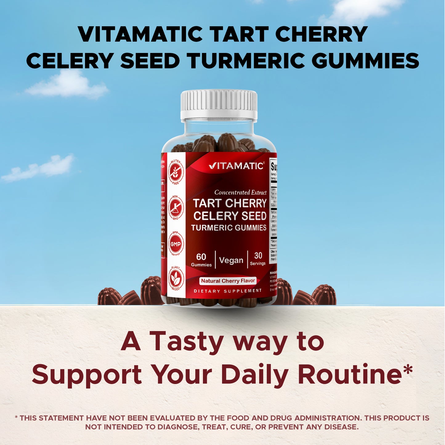 Vitamatic Tart Cherry (360 mg) with Celery Seed (30 mg) 10:1 Extract & Turmeric 20:1 Extract (10 mg) - (Per Serving/2 Gummies) - 60 Gummies