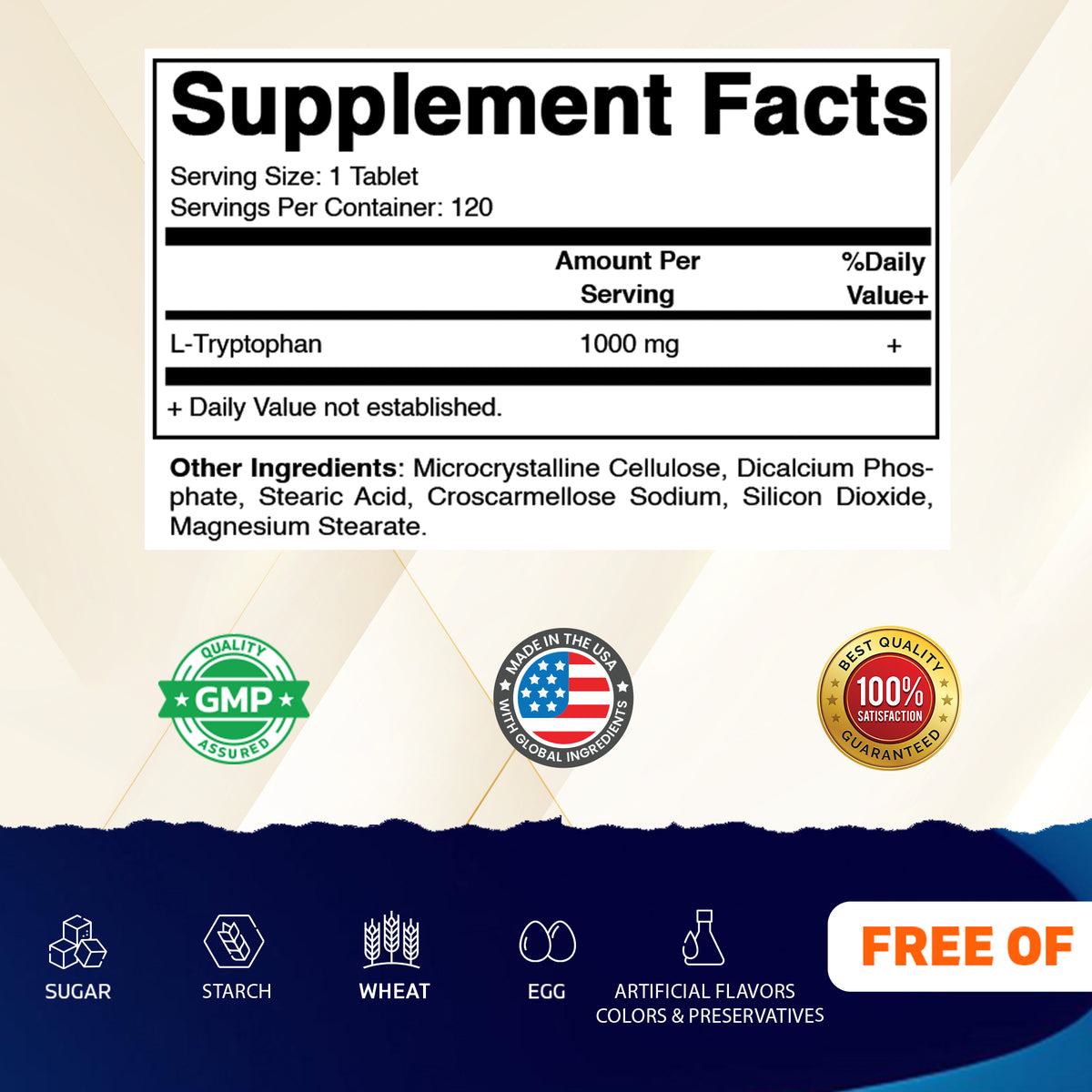 L-Tryptophan 1000mg Supplement, 120 Tablets