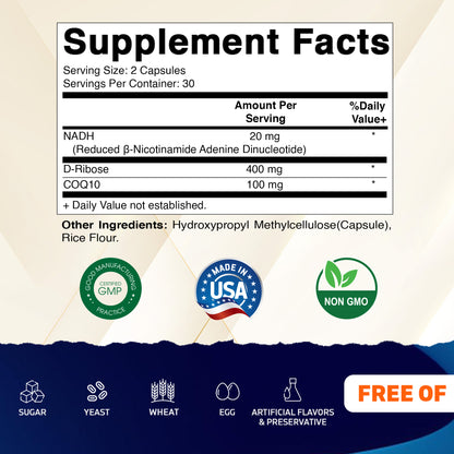 Vitamatic NADH 20mg with D-Ribose & CoQ10 – 60 Capsules, B-Nicotinamide Adenine Dinucleotide