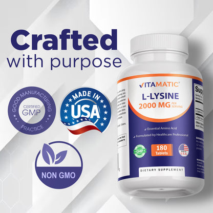 L-Lysine 2000 mg Per Serving | 180 Tablets | Essential Amino Acid Supplement