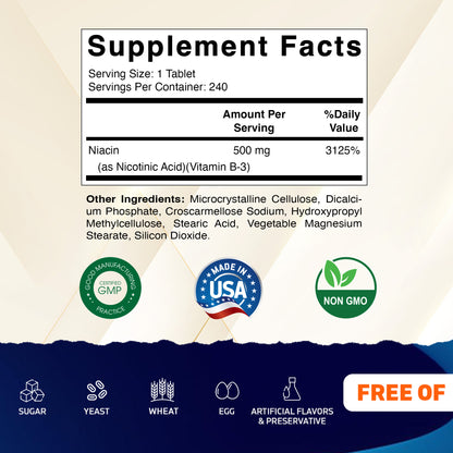 Niacin (Vitamin B3) 500mg, Sustained Release - 240 Tablets