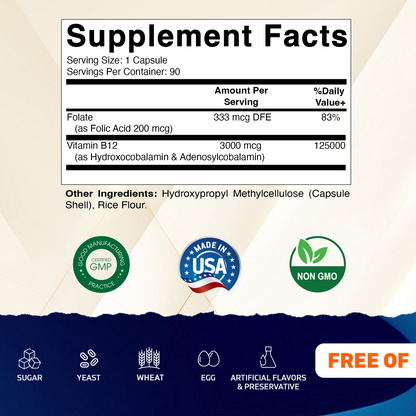 Vitamatic Adenosylcobalamin Hydroxocobalamin B12-3000 mcg with Folic Acid - 90 Capsules