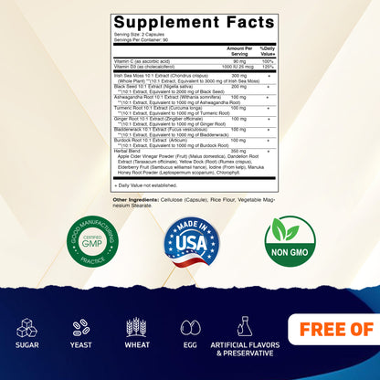 Sea Moss 3000mg with Black Seed Oil, Ashwagandha,  Turmeric, Bladderwrack, Burdock - 180 Veg Capsules