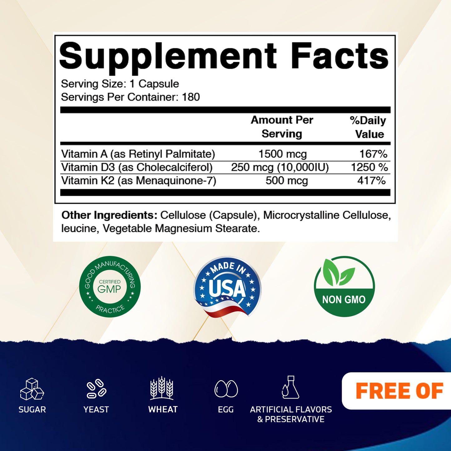 ADK Vitamin Supplement, 180 Veg Capsules (Vitamins A, D3, K2)