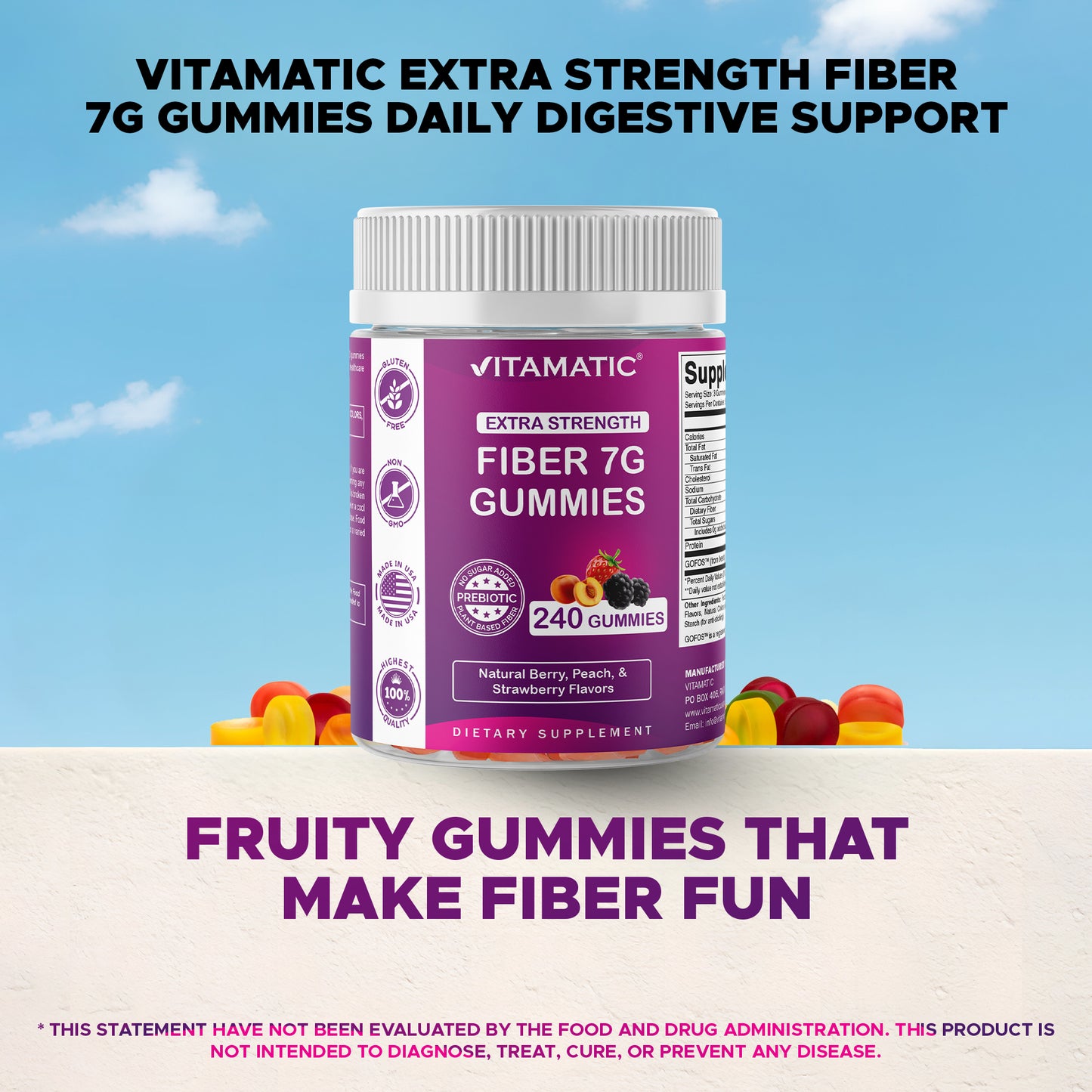 Prebiotic Fiber Gummies for Adults-  240 Pectin Based Gummies, Digestive Health & Regularity Support