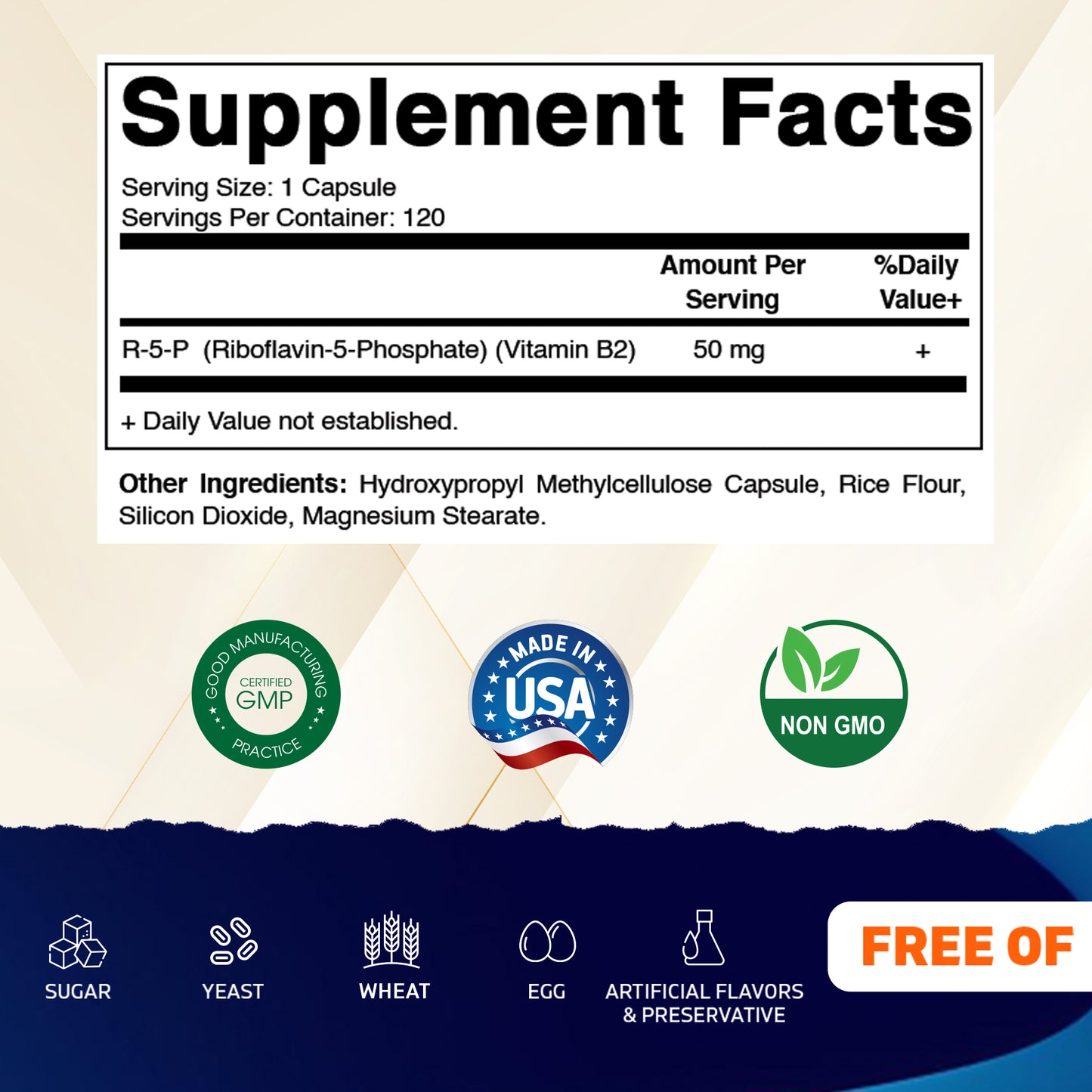 R-5-P Riboflavin-5-Phosphate (Vitamin B2) 50 mg | 120 Capsules