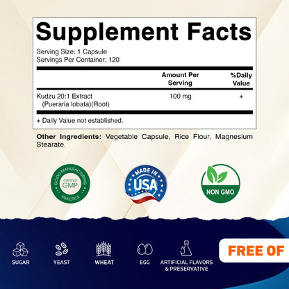 Kudzu Root 20:1 Extract Pills (Pueraria lobata Root) - 120 Veg Capsules