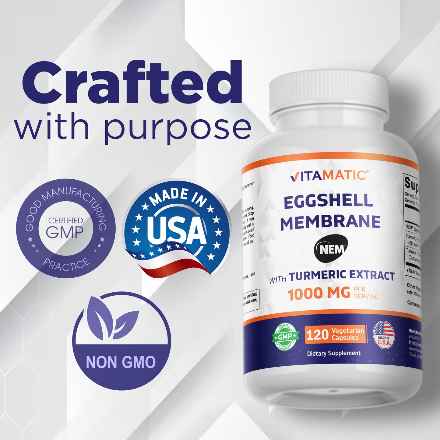 Eggshell Membrane (NEM) with Turmeric Extract | 1000 mg Per Serving | 120 Vegetarian Capsules | Non-GMO | Made in USA