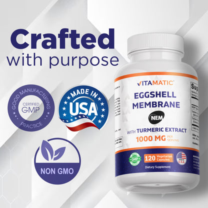 Eggshell Membrane (NEM) with Turmeric Extract | 1000 mg Per Serving | 120 Vegetarian Capsules | Non-GMO | Made in USA