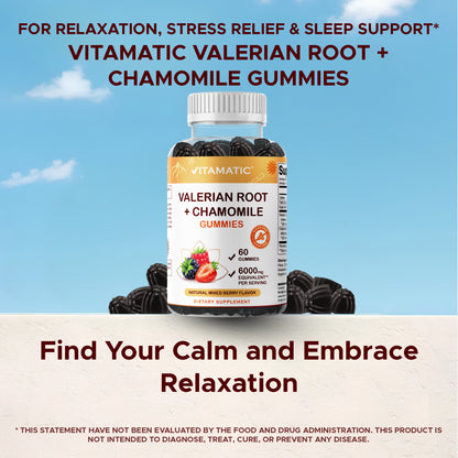 Vitamatic Valerian Root Chamomile 6000 mg Equivalent Per Serving – Mixed Berry Flavor – 60 Gummies