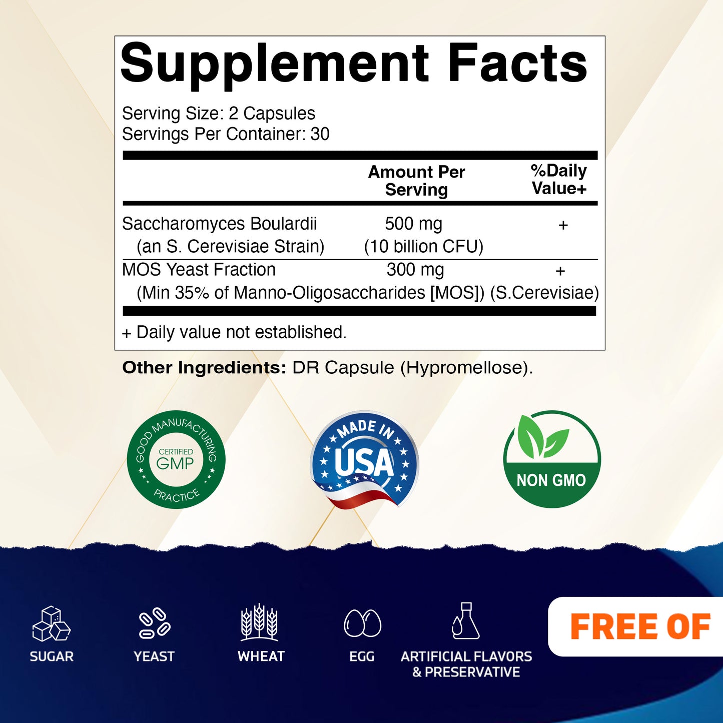 Saccharomyces Boulardii Probiotic 10B per Serving + Yeast Extract 300 mg- 60 DR Capsules