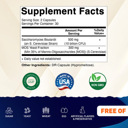 Saccharomyces Boulardii Probiotic 10B per Serving + Yeast Extract 300 mg- 60 DR Capsules
