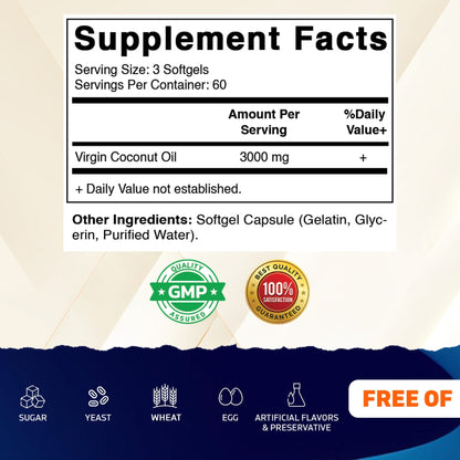 Virgin Coconut Oil 3000 mg Per Serving | 180 Softgels