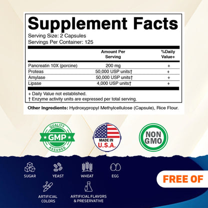 Pancreatin 10X Digestive Enzymes – 250 Capsules – Made with Protease 50,000 USP, Amylase 50,000 USP & Lipase 4,000 USP – Supports Protein, Carb & Fat Digestion – Non-GMO – Made in USA