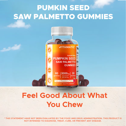 Sugar Free Pumpkin Seed 20:1 extract Gummies - Made with Saw Palmetto - Natural Raspberry Flavor - 60 Count