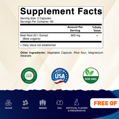 Beet Root 20:1 Extract Capsules 800 mg Per Serving (Beta vulgaris)- 120 Capsules