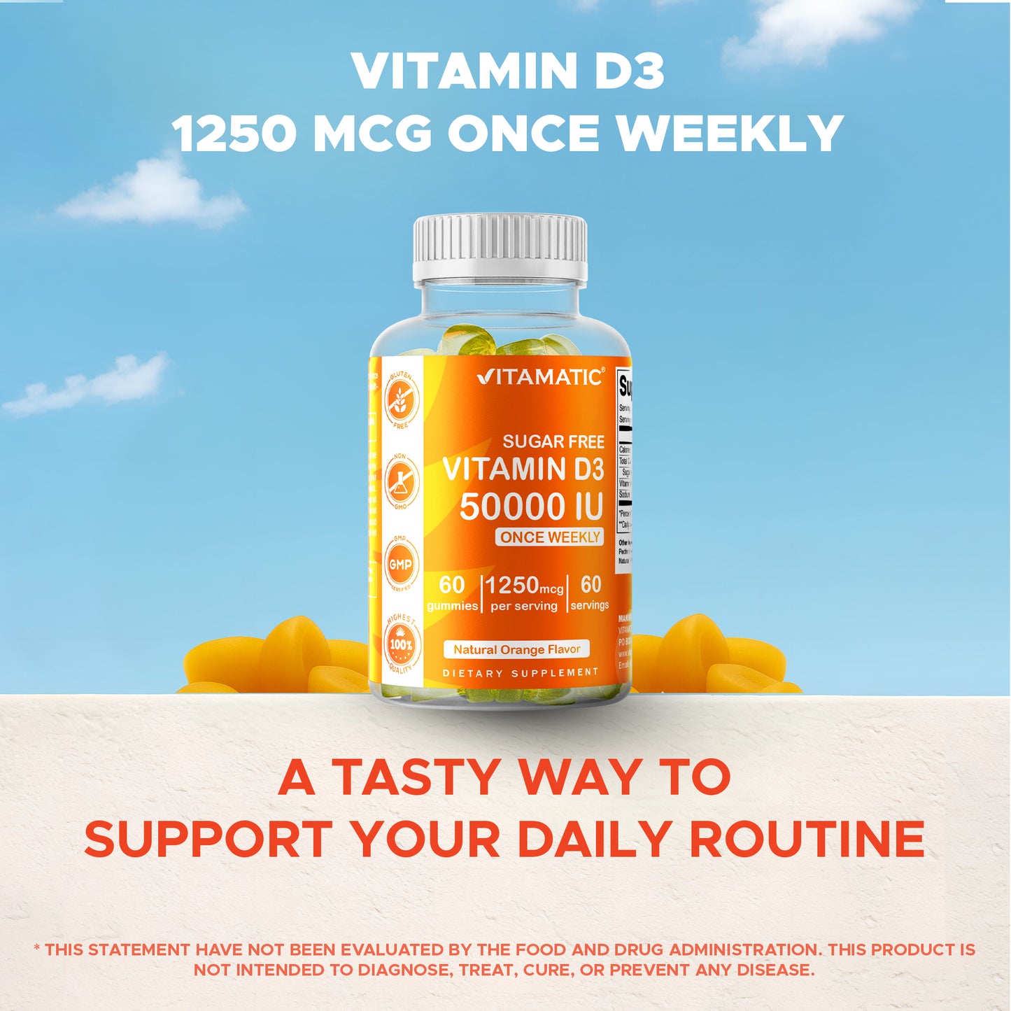 Sugar Free Vitamin D3 50000 IU Pectin Based - 60 Gummies