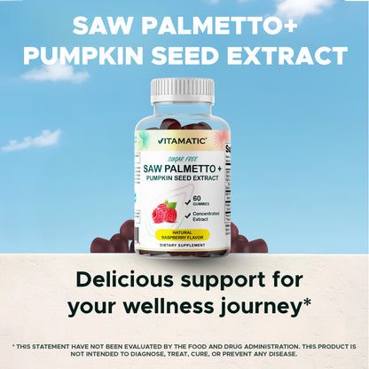 Vitamatic Saw Palmetto & Pumpkin Seed Gummies – Natural Raspberry Flavor – 60 Count