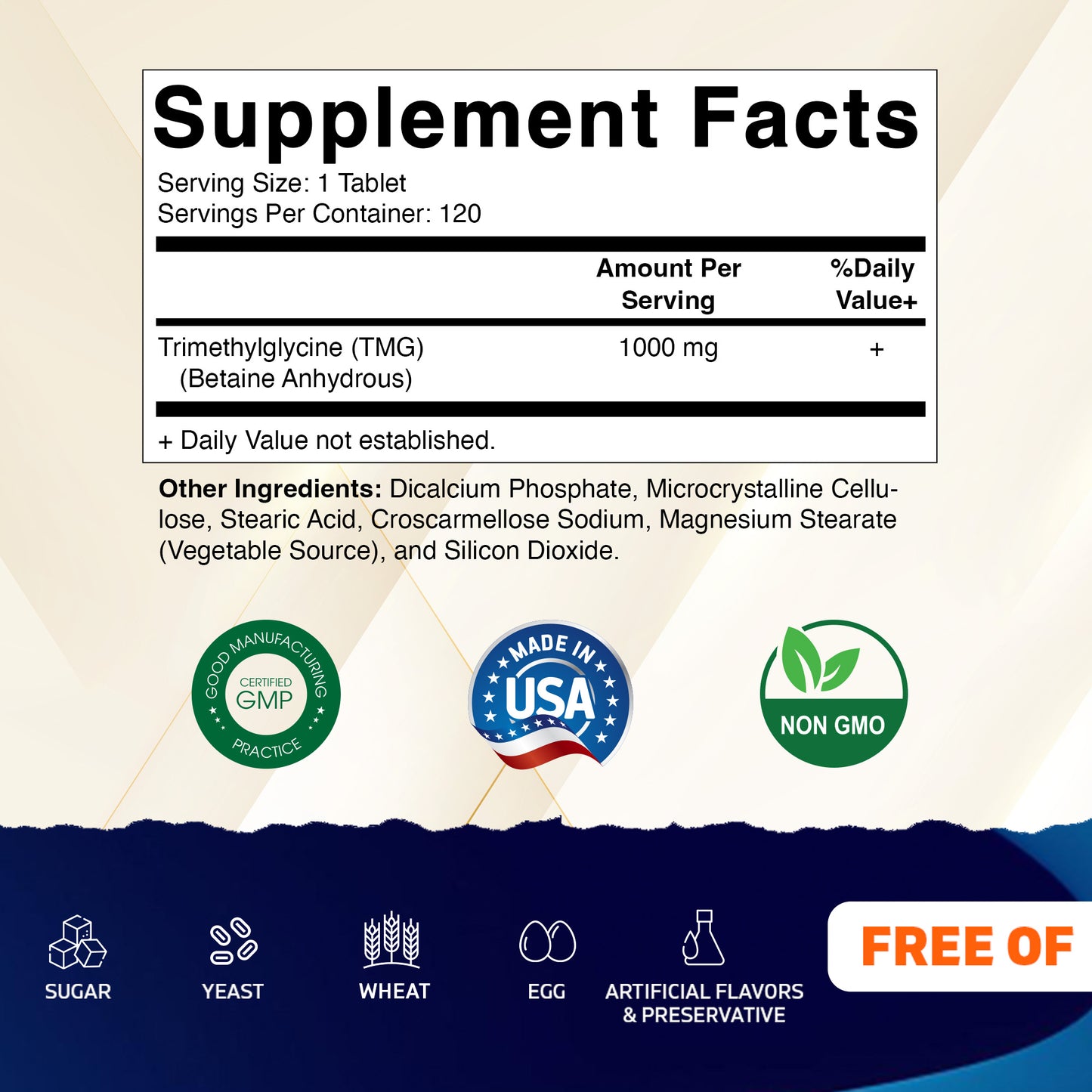TMG Supplements 1000mg - 120 Vegetarian Tablets
