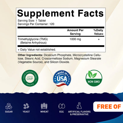TMG Supplements 1000mg - 120 Vegetarian Tablets